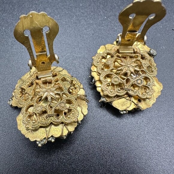 Vintage Signed Miriam Haskell Flower Gold Tone Rhinestone Earrings - Picture 10 of 12